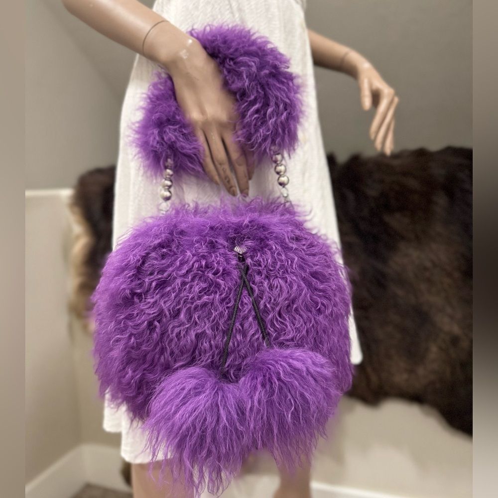 Genuine Curly Shearling Leather Handmade Drawstring Bucket Bag, Crossbody